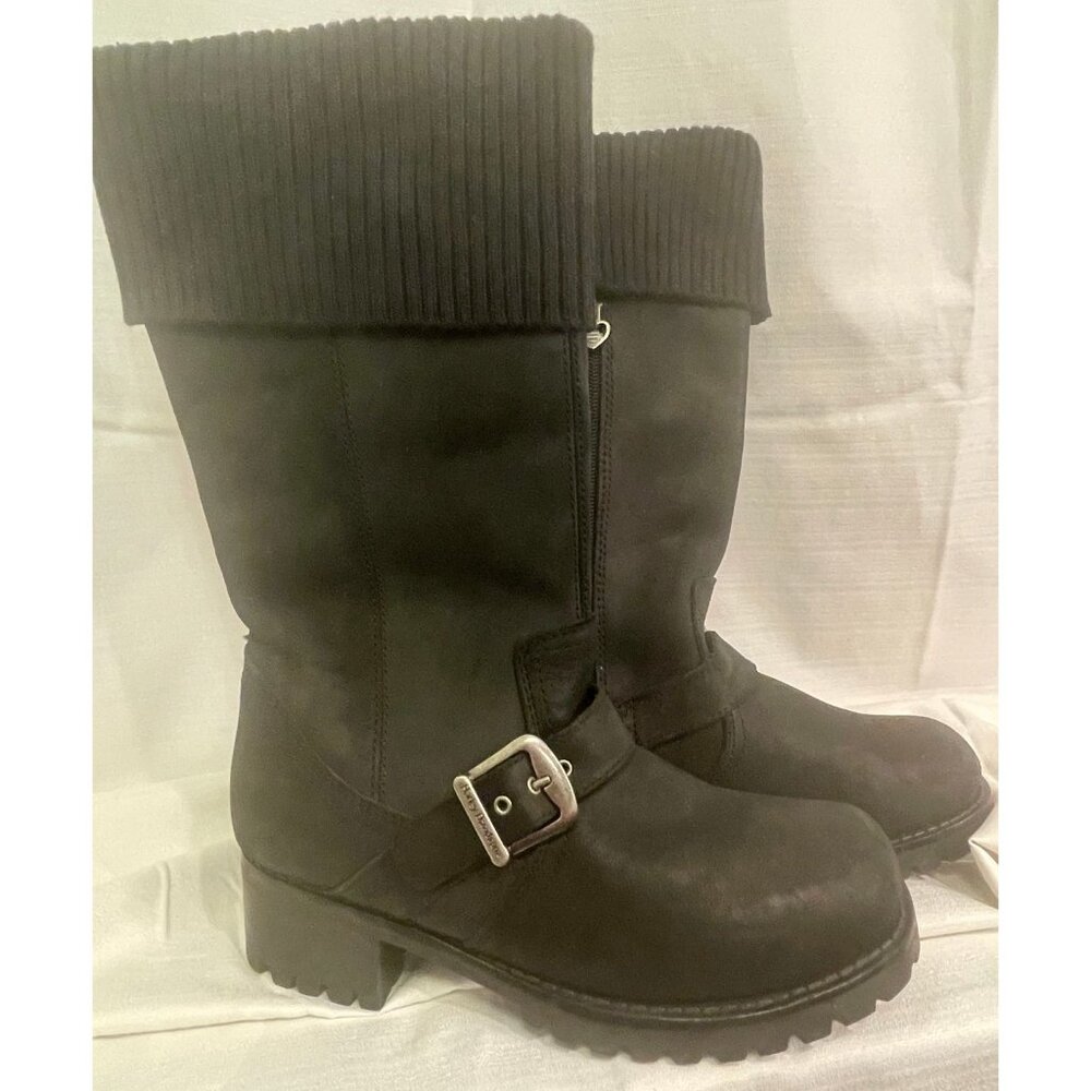 SH7004- Harley‑Davidson Blk Leather Moto Boots W 8 Zip Riding Boots